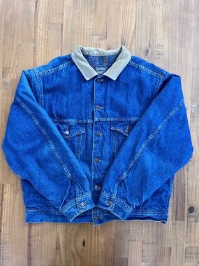 Vintage Denver Hayes Men’s Blue Denim Chore Jacket Wool Liner Tan Collar 44TG